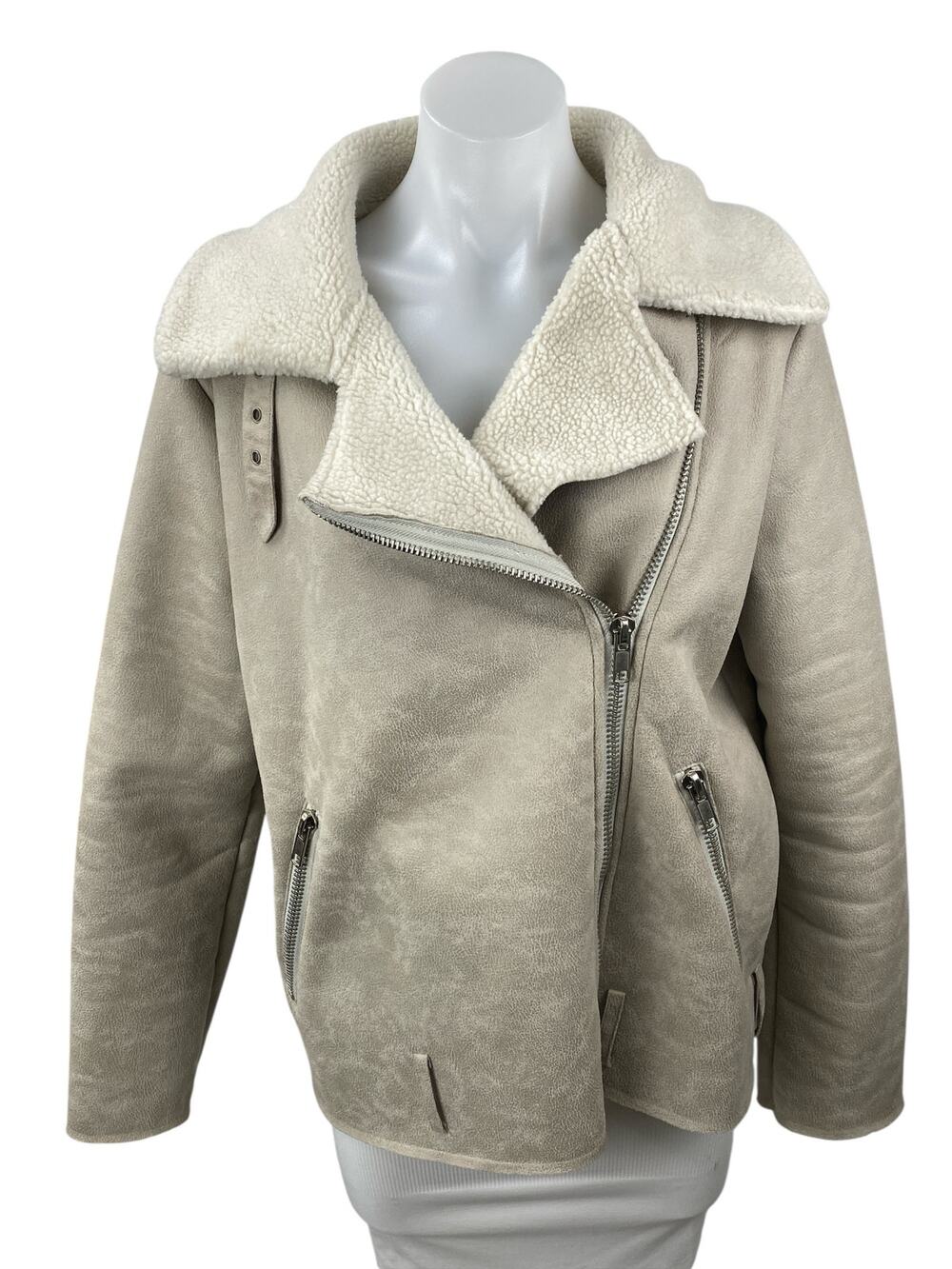 Brooklyn Karma Women's White Ivory Faux Sherpa Zip Aviator Coat Jacket Size M